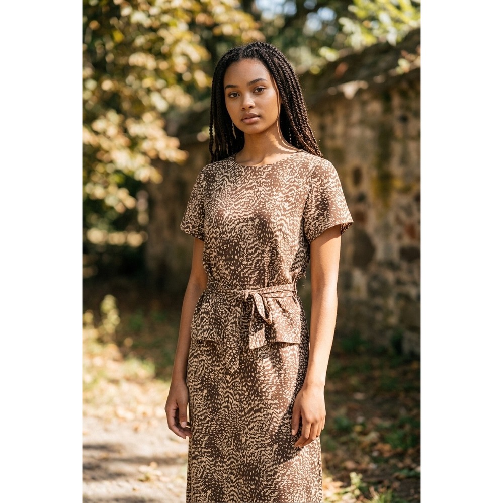 Mosaic Vintage 100% Silk Brown Abstract Animal Print Midi Dress Tie Waist‎ 8P